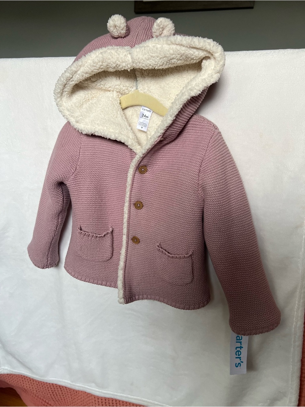 NWT Carter's Dusty Pink Knit Hooded Jacket with Cream Sherpa Lining